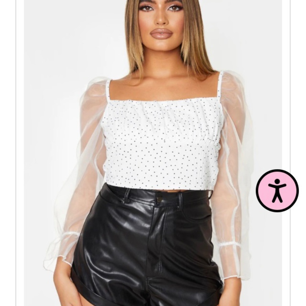 White Polka Dot Organza Long Sleeve Crop Top